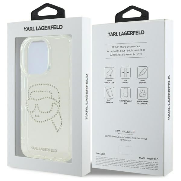Custodia per Apple iPhone 16 Pro Max, Karl Lagerfeld, IML Rhinestones Karl's Head, Trasparente