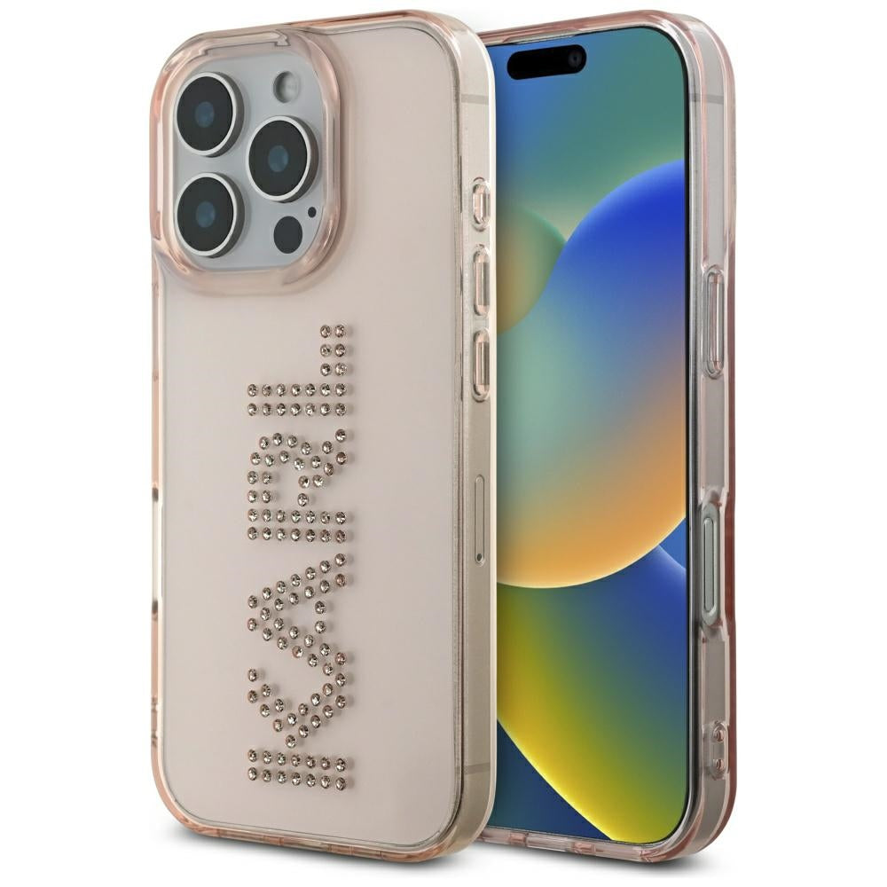 Custodia per Apple iPhone 16 Pro Max, Karl Lagerfeld, IML Rhinestones Pink Logo, Rosa