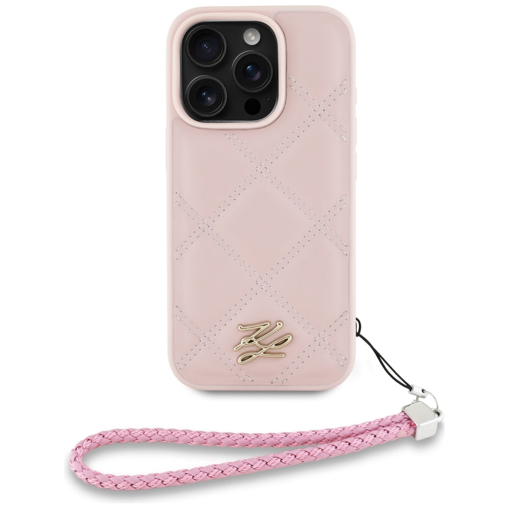 Custodia per Apple iPhone 16 Pro Max, Karl Lagerfeld, Quilted Initial Logo & Chain Strap, Rosa