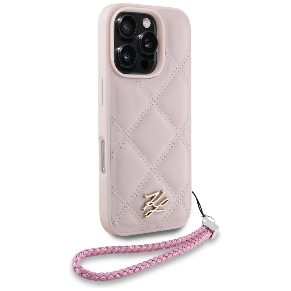 Custodia per Apple iPhone 16 Pro Max, Karl Lagerfeld, Quilted Initial Logo & Chain Strap, Rosa