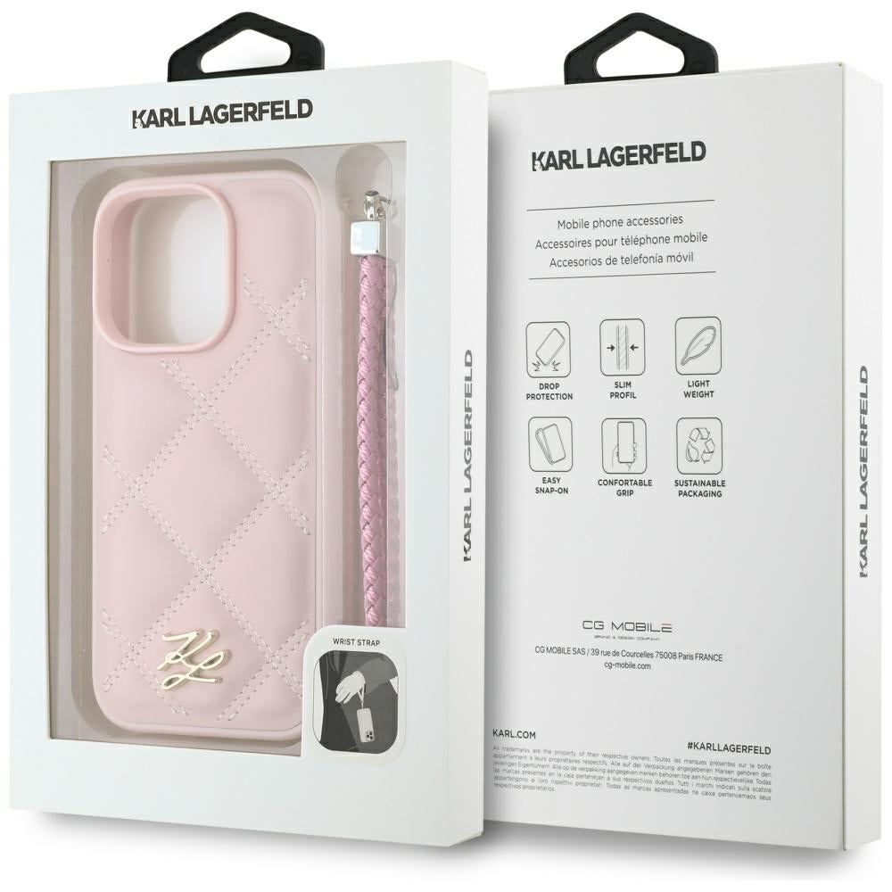 Custodia per Apple iPhone 16 Pro Max, Karl Lagerfeld, Quilted Initial Logo & Chain Strap, Rosa