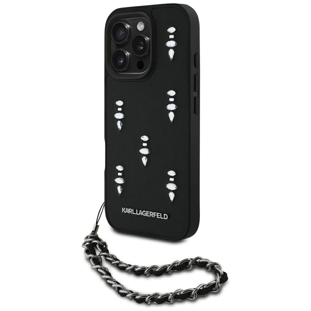 Custodia per Apple iPhone 16 Pro Max, Karl Lagerfeld, Saffiano Crystals & Charm, Nera