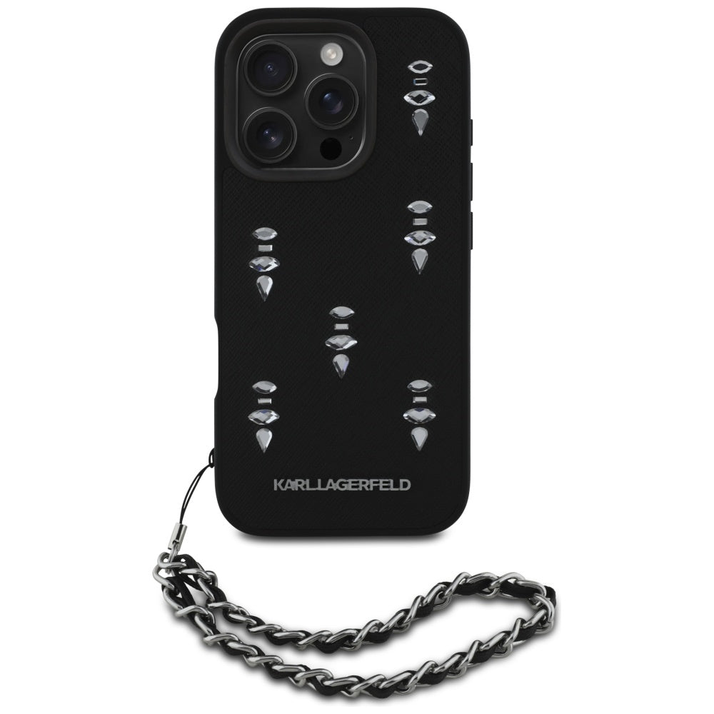 Custodia per Apple iPhone 16 Pro Max, Karl Lagerfeld, Saffiano Crystals & Charm, Nera