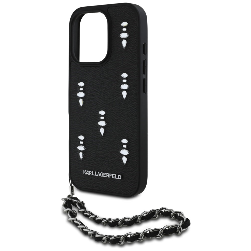 Custodia per Apple iPhone 16 Pro Max, Karl Lagerfeld, Saffiano Crystals & Charm, Nera
