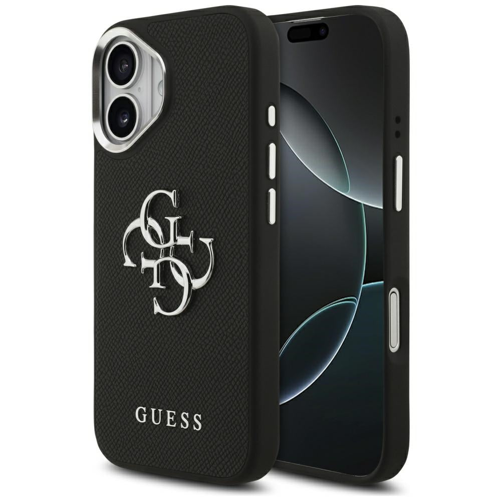 Hülle für Apple iPhone 17, Guess, 4G Grained Big and Classic Logo, Schwarz Silbern