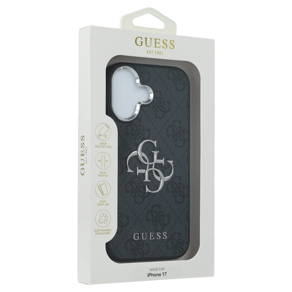 Custodia per Apple iPhone 17, Guess, Big 4G Logo Classic, Nera Argentata