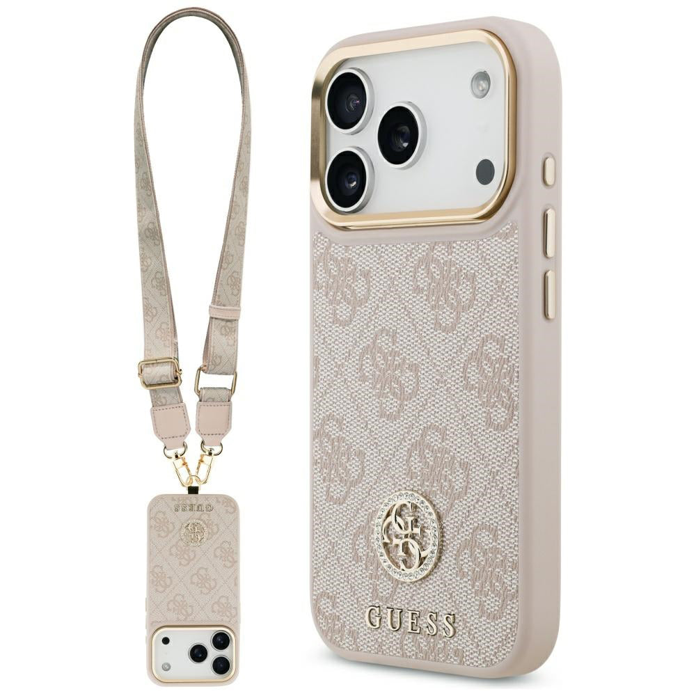 Hülle für Apple iPhone 17 Pro, Guess, 4G Strass Logo und Big Strap, Rosa