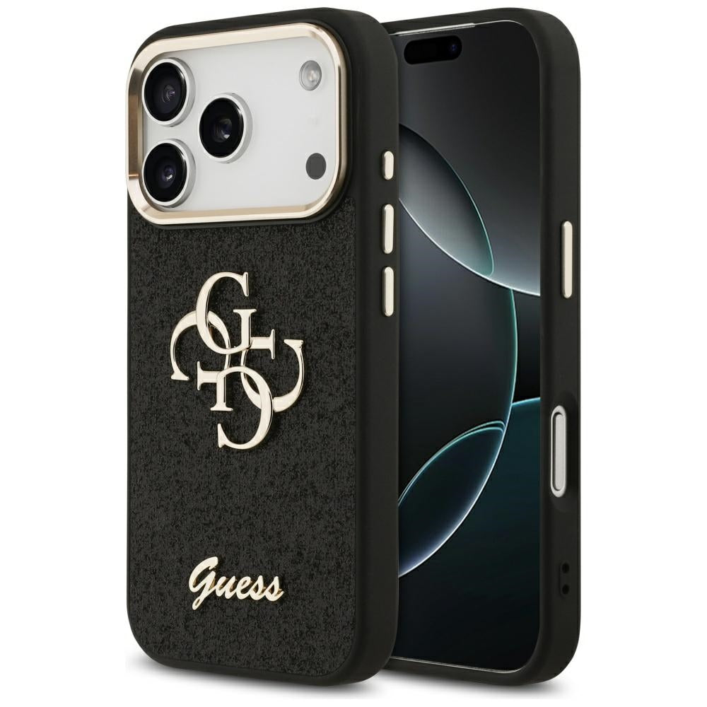 Custodia per Apple iPhone 17 Pro, Guess, Fixed Glitter Big 4G Metal Frame, Nera