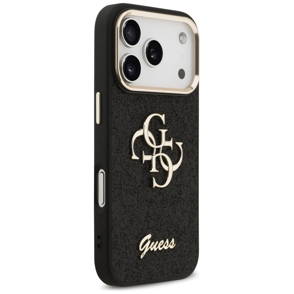 Custodia per Apple iPhone 17 Pro, Guess, Fixed Glitter Big 4G Metal Frame, Nera