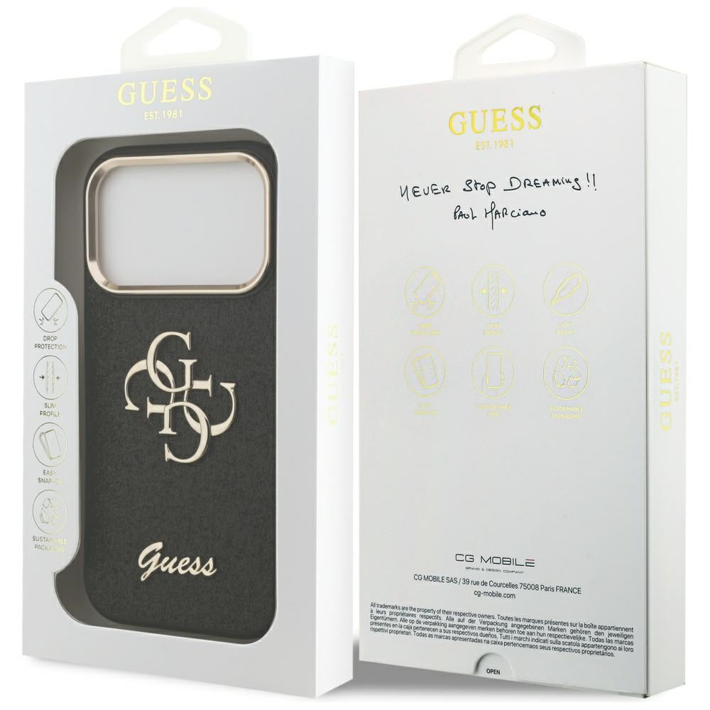 Custodia per Apple iPhone 17 Pro, Guess, Fixed Glitter Big 4G Metal Frame, Nera
