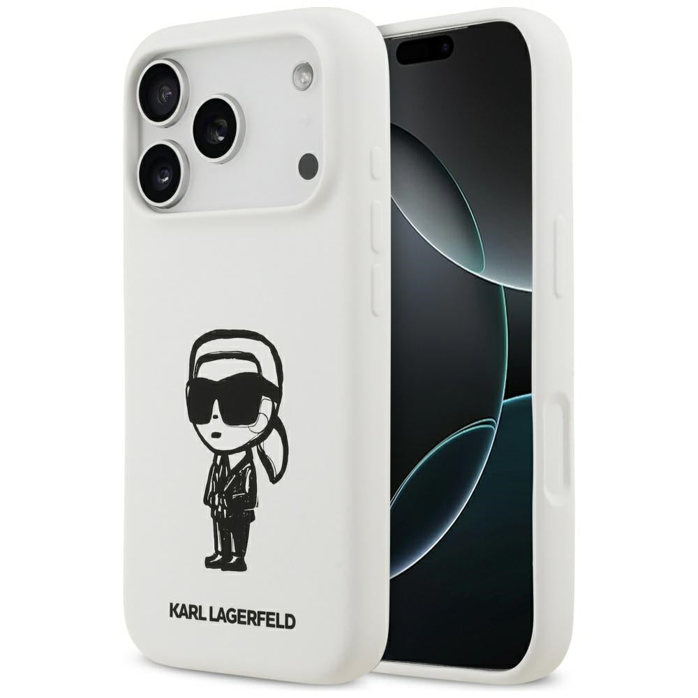 Housse pour Apple iPhone 17 Pro, Karl Lagerfeld, Sketch and Logo Karl, Blanche