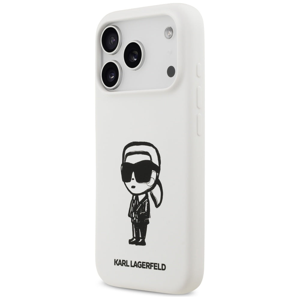 Housse pour Apple iPhone 17 Pro, Karl Lagerfeld, Sketch and Logo Karl, Blanche