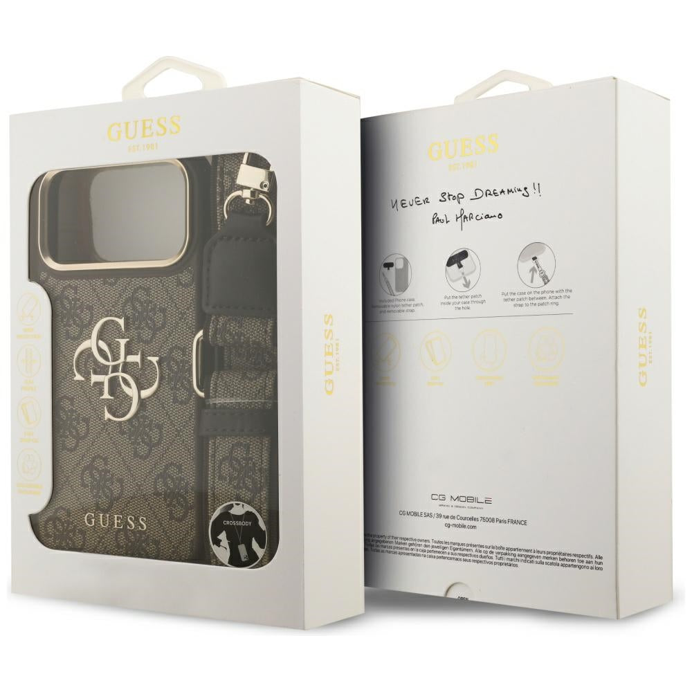 Hülle für Apple iPhone 17 Pro Max, Guess, Big 4G Classic Logo mit großem Riemen, Braun