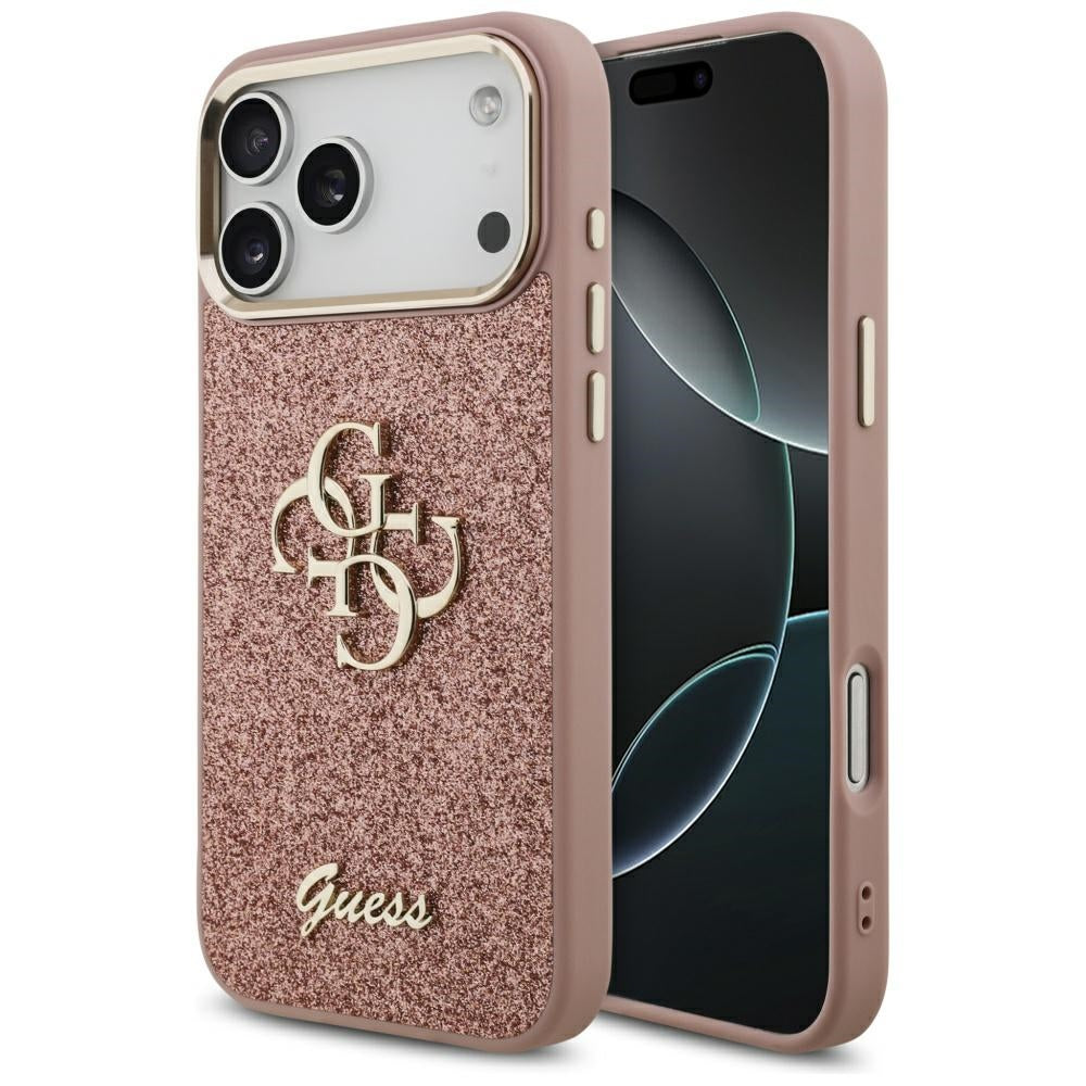 Hülle für Apple iPhone 17 Pro Max, Guess, Fixed Glitter Big 4G Metal Frame, Rosa