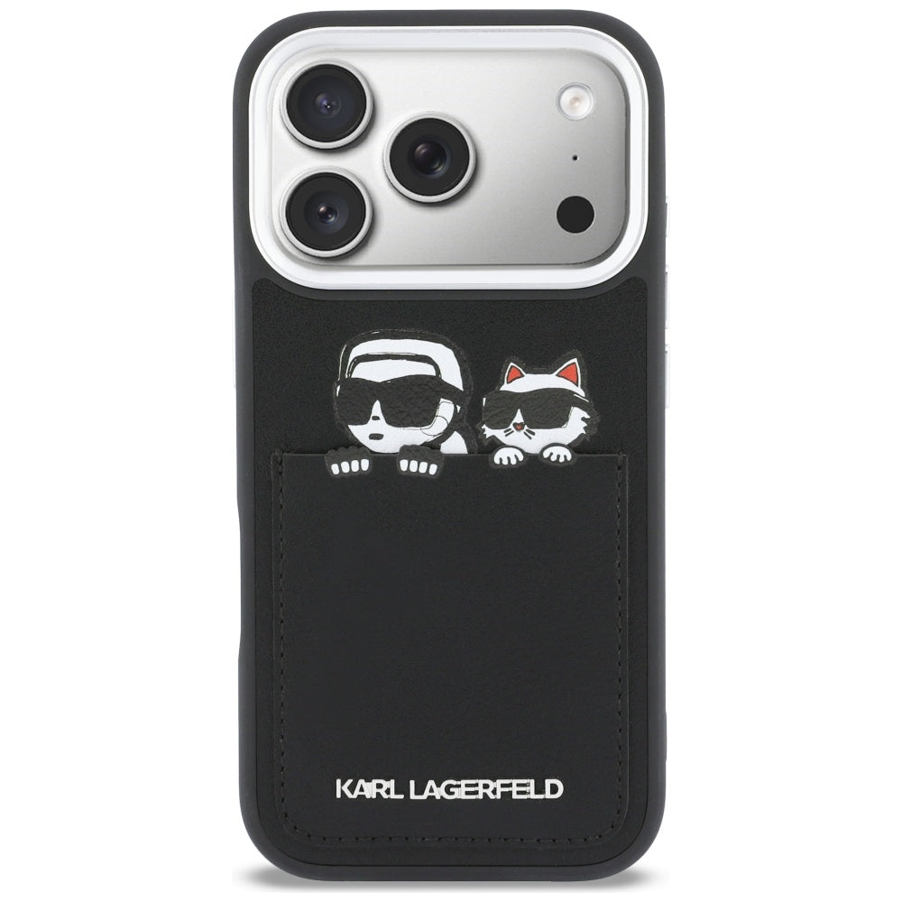 Hülle für Apple iPhone 17 Pro Max, Karl Lagerfeld, Karl & Choupette Print mit Tasche, Schwarz