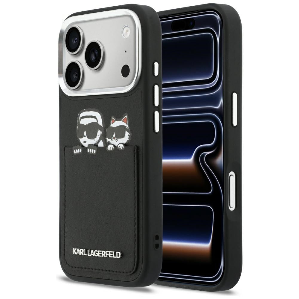 Hülle für Apple iPhone 17 Pro Max, Karl Lagerfeld, Karl & Choupette Print mit Tasche, Schwarz