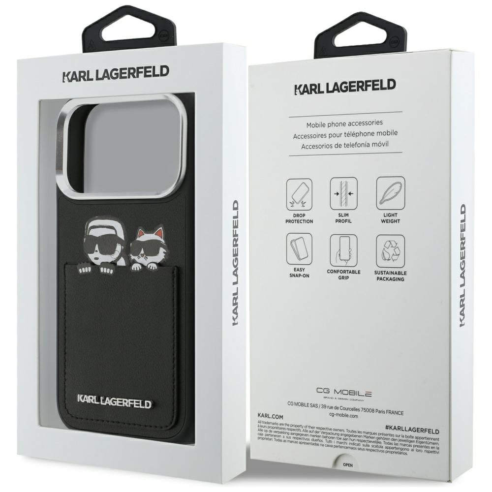 Hülle für Apple iPhone 17 Pro Max, Karl Lagerfeld, Karl & Choupette Print mit Tasche, Schwarz