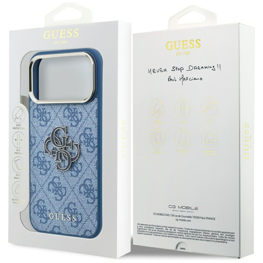Custodia per Apple iPhone 18 Pro / 17 Pro, Guess, Logo 4G Grande in Resina, Blu