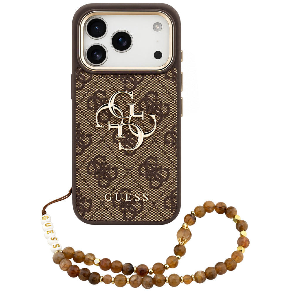 Coque pour Apple iPhone 18 Pro / 17 Pro, Guess, 4G Classic Logo avec bandoulière, marron doré