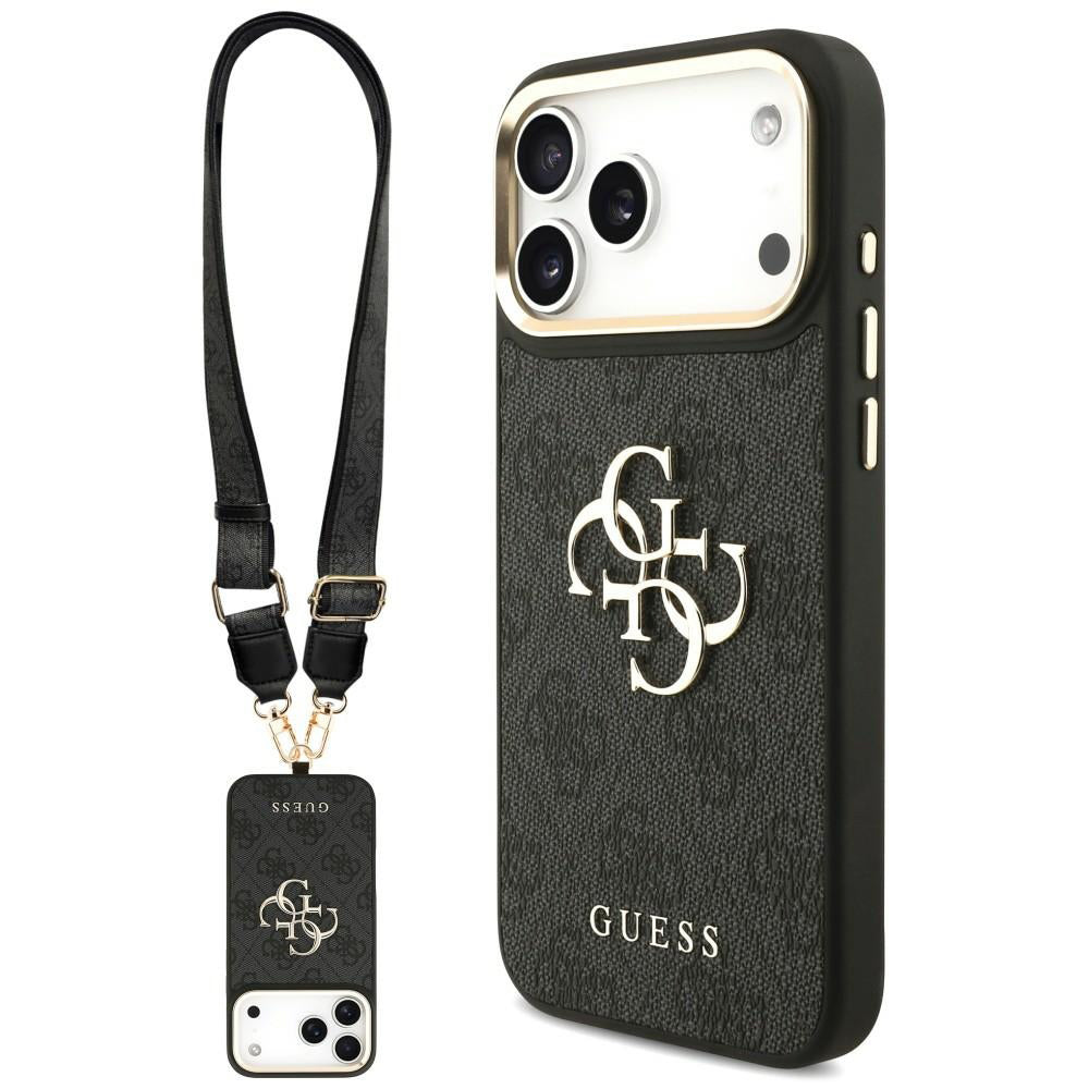Hülle für Apple iPhone 18 Pro / 17 Pro, Guess, Big 4G Classic Logo & Big Strap Metal Buttons, Schwarz