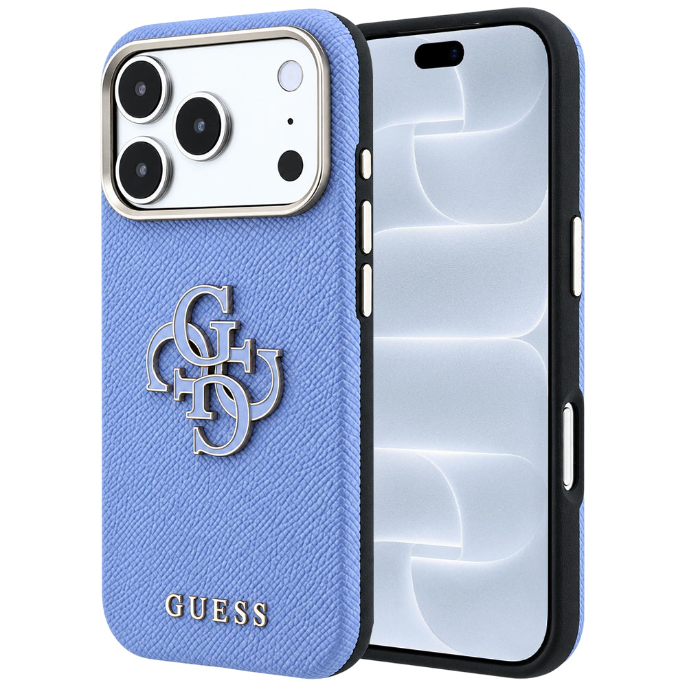 Hülle für Apple iPhone 18 Pro / 17 Pro, Guess, Geprägtes großes Harzlogo, Blau