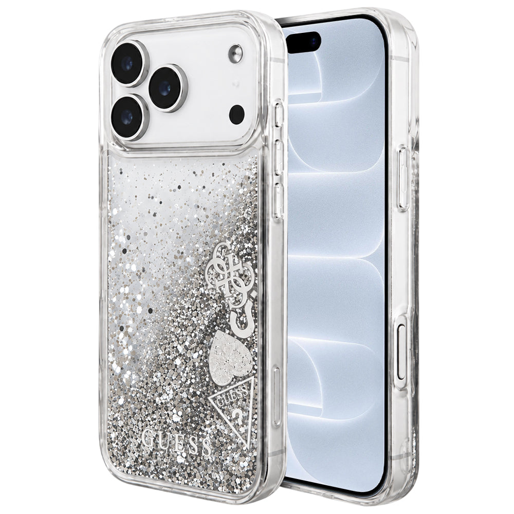 Hülle für Apple iPhone 18 Pro / 17 Pro, Guess, Liquid Glitter Charms, Silberfarben