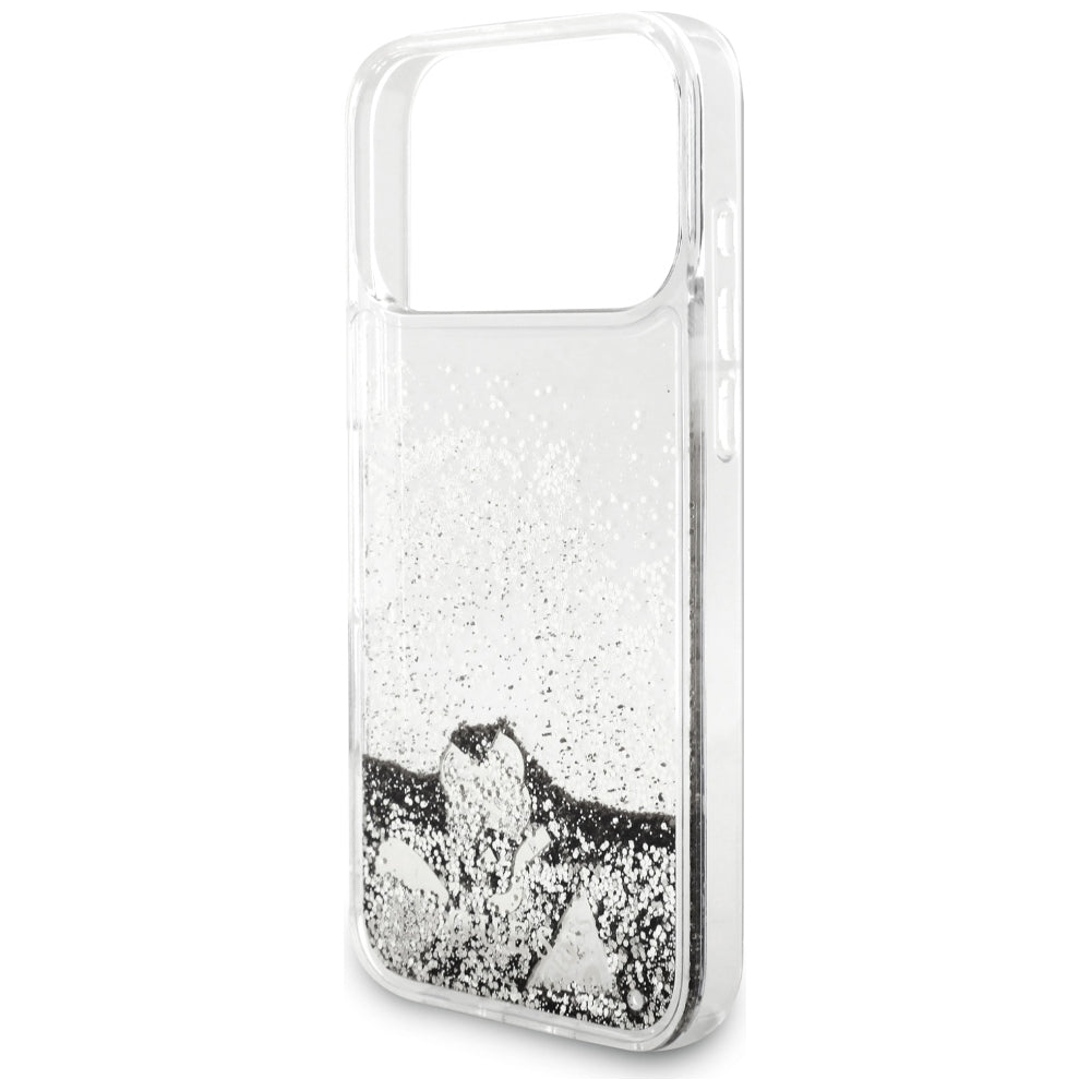 Hülle für Apple iPhone 18 Pro / 17 Pro, Guess, Liquid Glitter Charms, Silberfarben