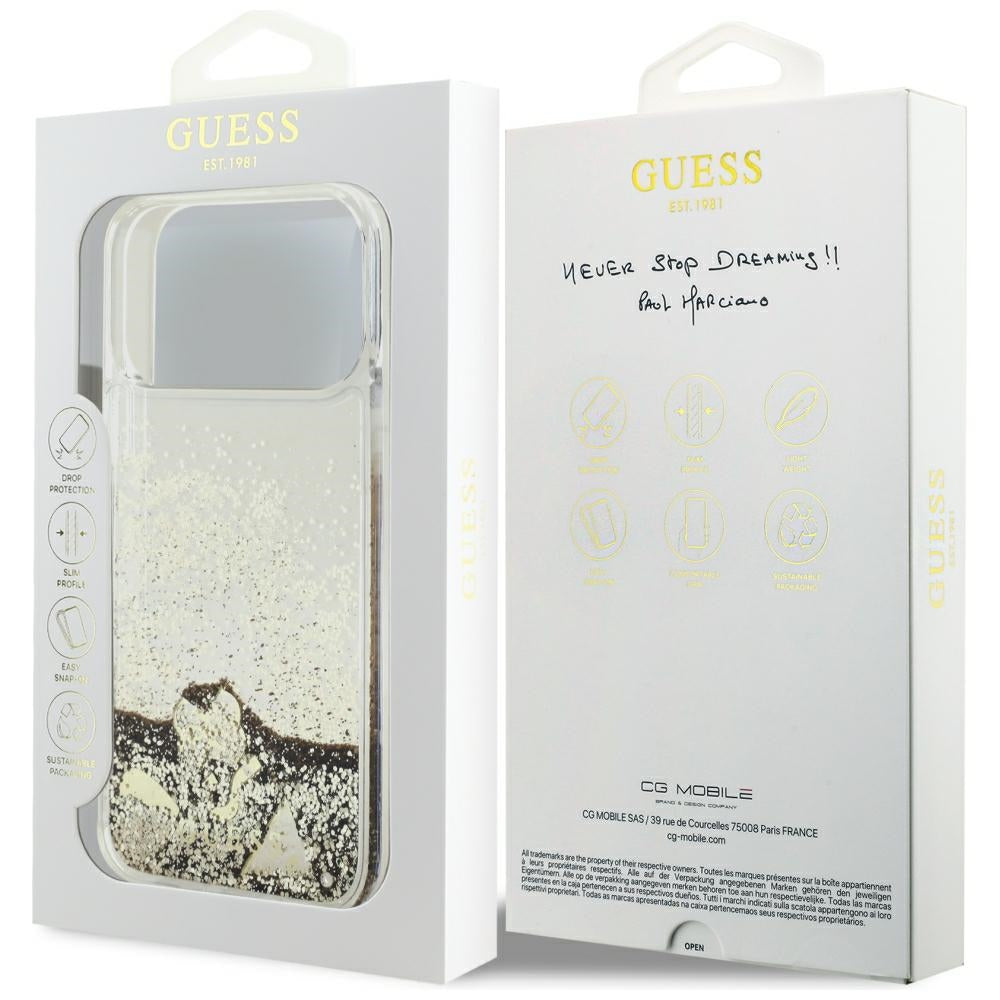 Hülle für Apple iPhone 18 Pro / 17 Pro, Guess, Liquid Glitter Charms, Goldfarben