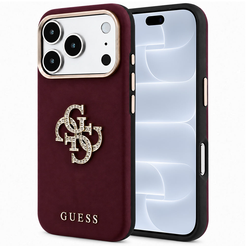 Coque pour Apple iPhone 18 Pro / 17 Pro, Guess, Logo Strass Lisse Grand, Bordeaux