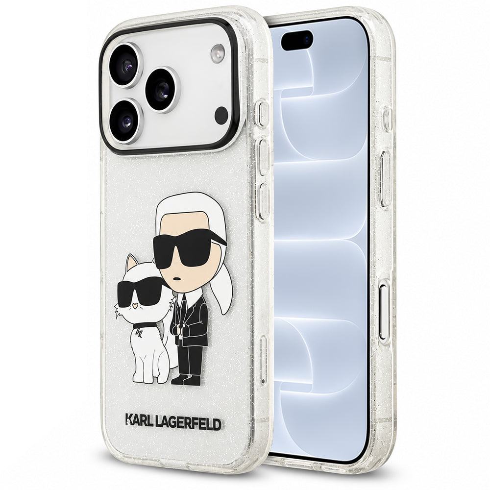 Hülle für Apple iPhone 18 Pro / 17 Pro, Karl Lagerfeld, IML Glitter Karl and Choupette NFT, transparent