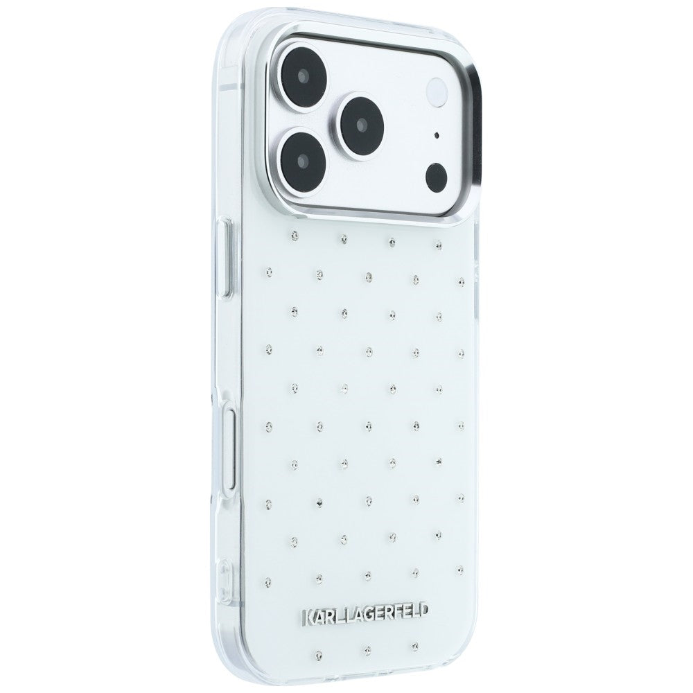 Custodia per Apple iPhone 18 Pro / 17 Pro, Karl Lagerfeld, IML Strass e Logo Elettrodeposto, Bianca