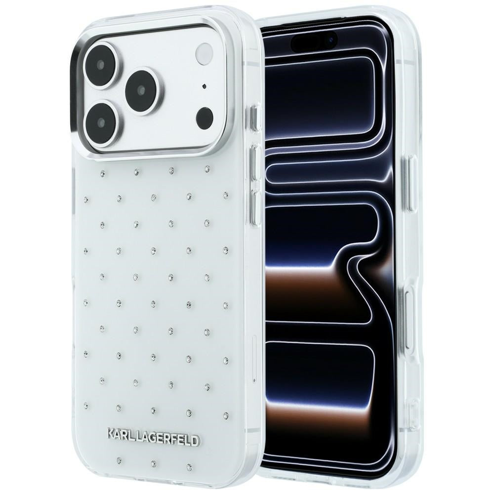 Custodia per Apple iPhone 18 Pro / 17 Pro, Karl Lagerfeld, IML Strass e Logo Elettrodeposto, Bianca