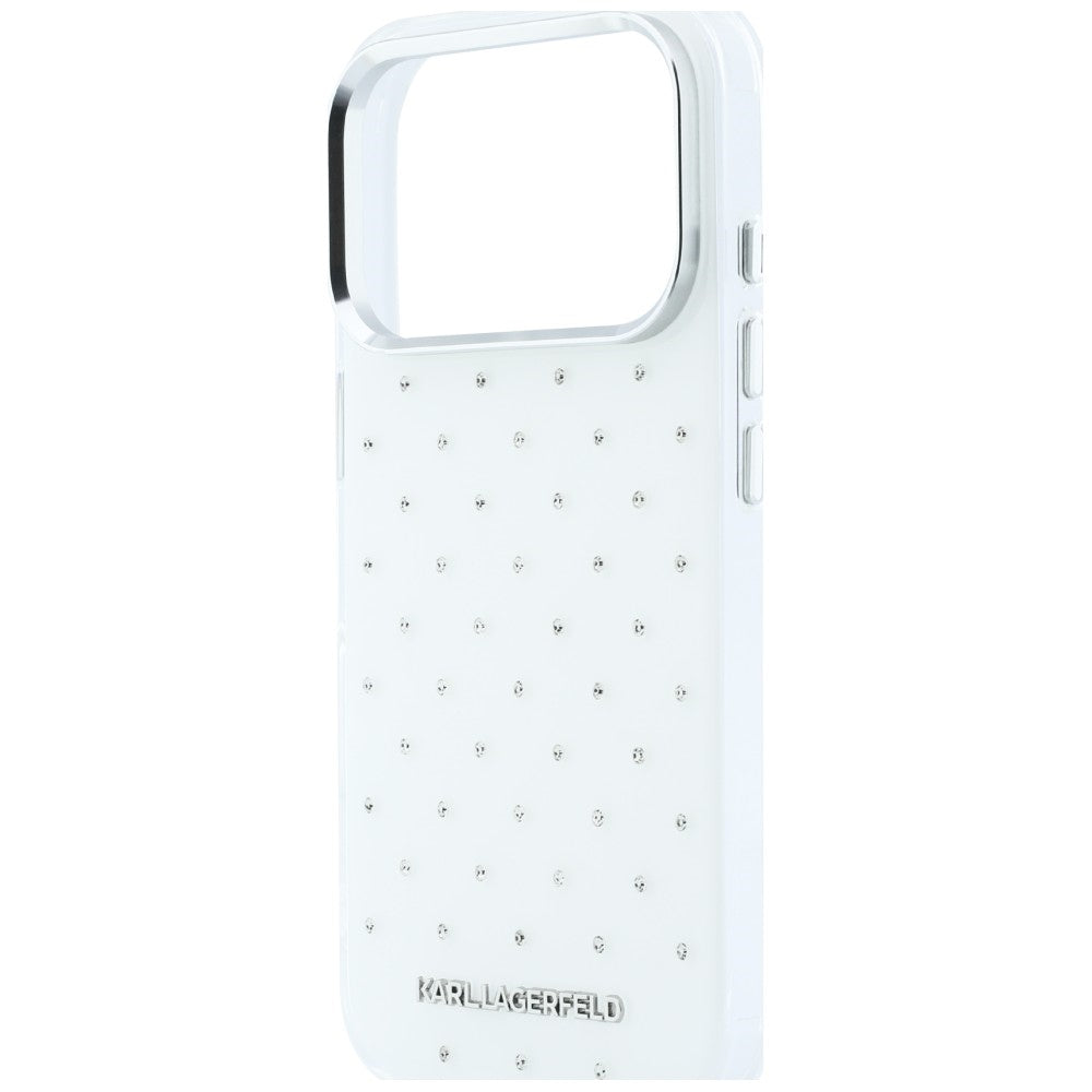 Custodia per Apple iPhone 18 Pro / 17 Pro, Karl Lagerfeld, IML Strass e Logo Elettrodeposto, Bianca