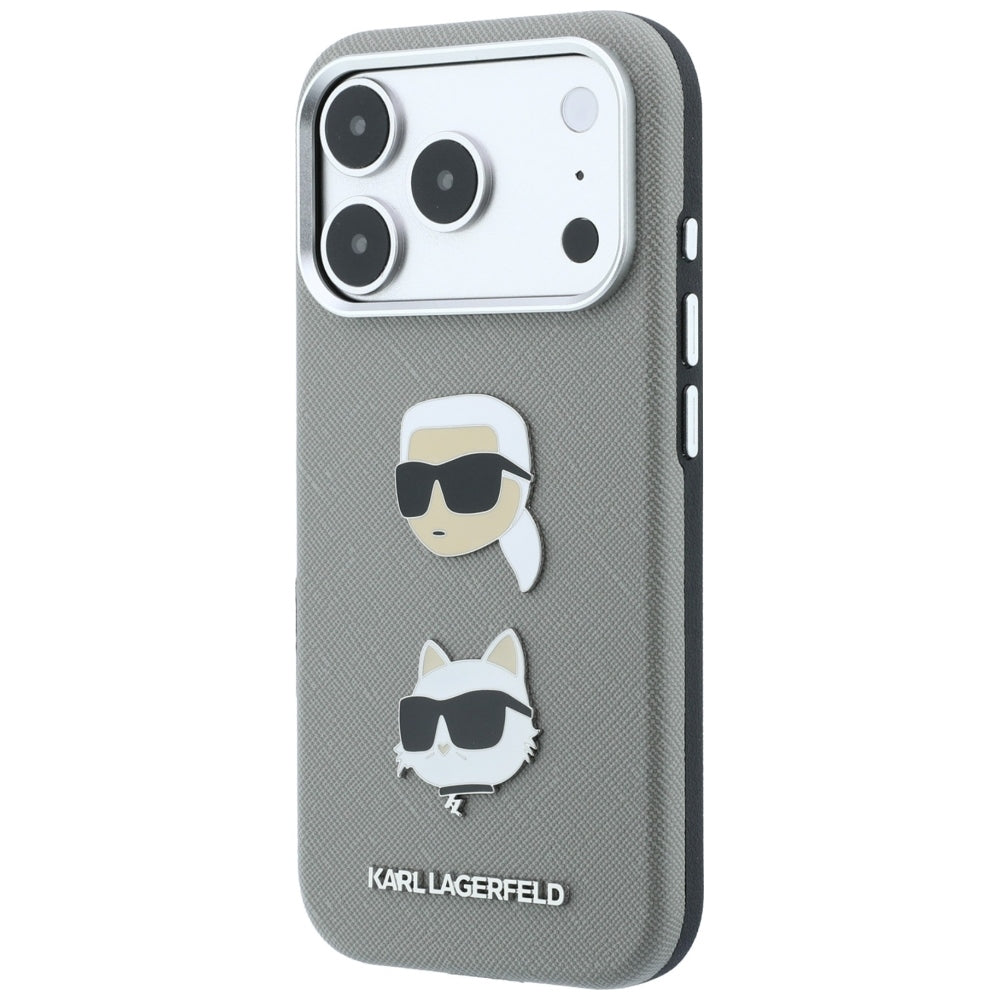 Custodia per Apple iPhone 18 Pro / 17 Pro, Karl Lagerfeld, Saffiano con spilla con le teste di Karl e Choupette e logo, grigio