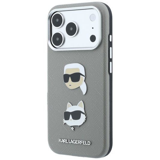 Custodia per Apple iPhone 18 Pro / 17 Pro, Karl Lagerfeld, Saffiano con spilla con le teste di Karl e Choupette e logo, grigio
