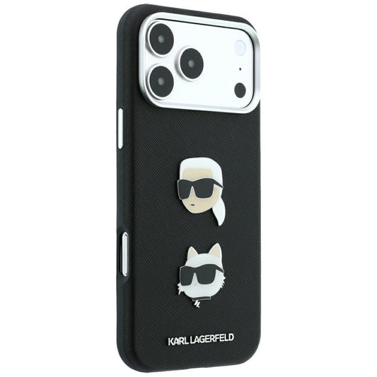 Custodia per Apple iPhone 18 Pro / 17 Pro, Karl Lagerfeld, Saffiano con spilla con le teste di Karl e Choupette e logo, nera