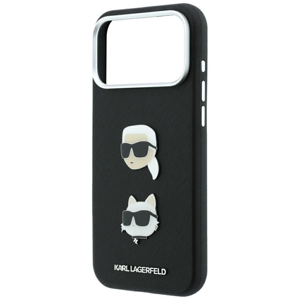 Coque pour Apple iPhone 18 Pro / 17 Pro, Karl Lagerfeld, Saffiano avec épingle représentant les têtes de Karl et Choupette et logo, noire