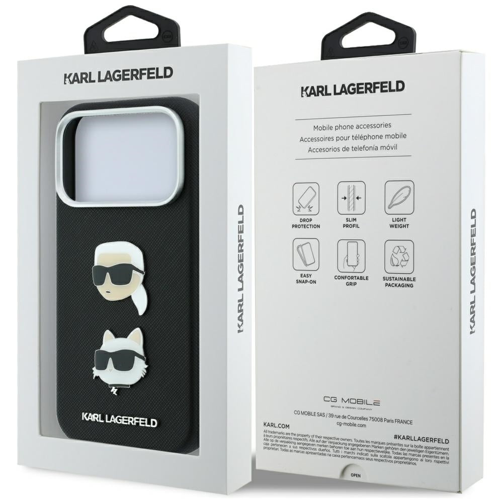 Coque pour Apple iPhone 18 Pro / 17 Pro, Karl Lagerfeld, Saffiano avec épingle représentant les têtes de Karl et Choupette et logo, noire