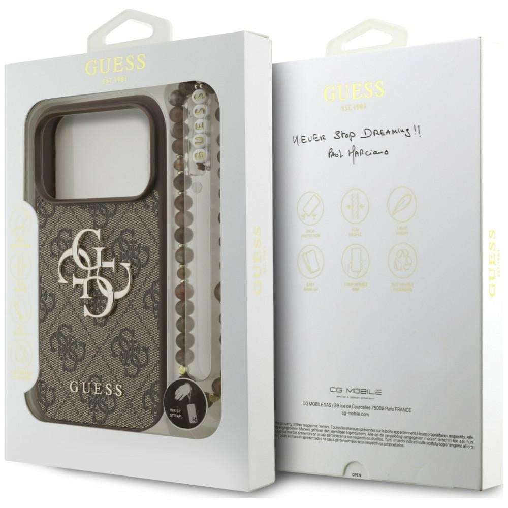 Coque pour Apple iPhone 18 Pro Max / 17 Pro Max, Guess, Logo Classique 4G avec Lanière, Marron
