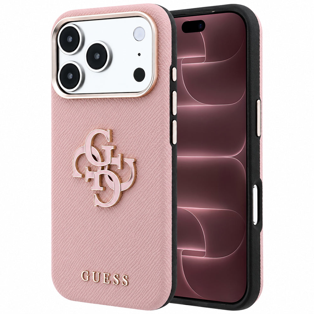 Coque pour Apple iPhone 18 Pro Max / 17 Pro Max, Guess, Grand Logo en Résine Grainée, Rose