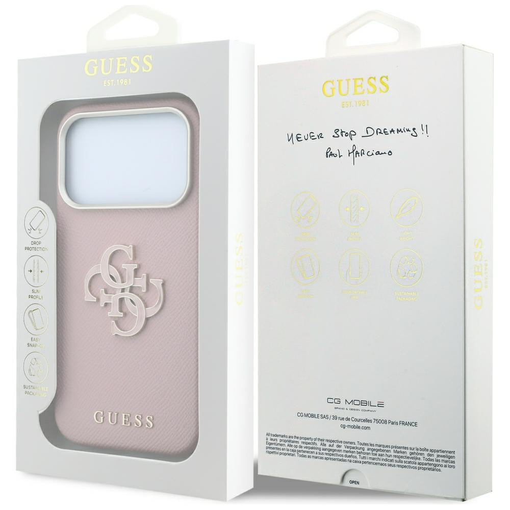 Coque pour Apple iPhone 18 Pro Max / 17 Pro Max, Guess, Grand Logo en Résine Grainée, Rose