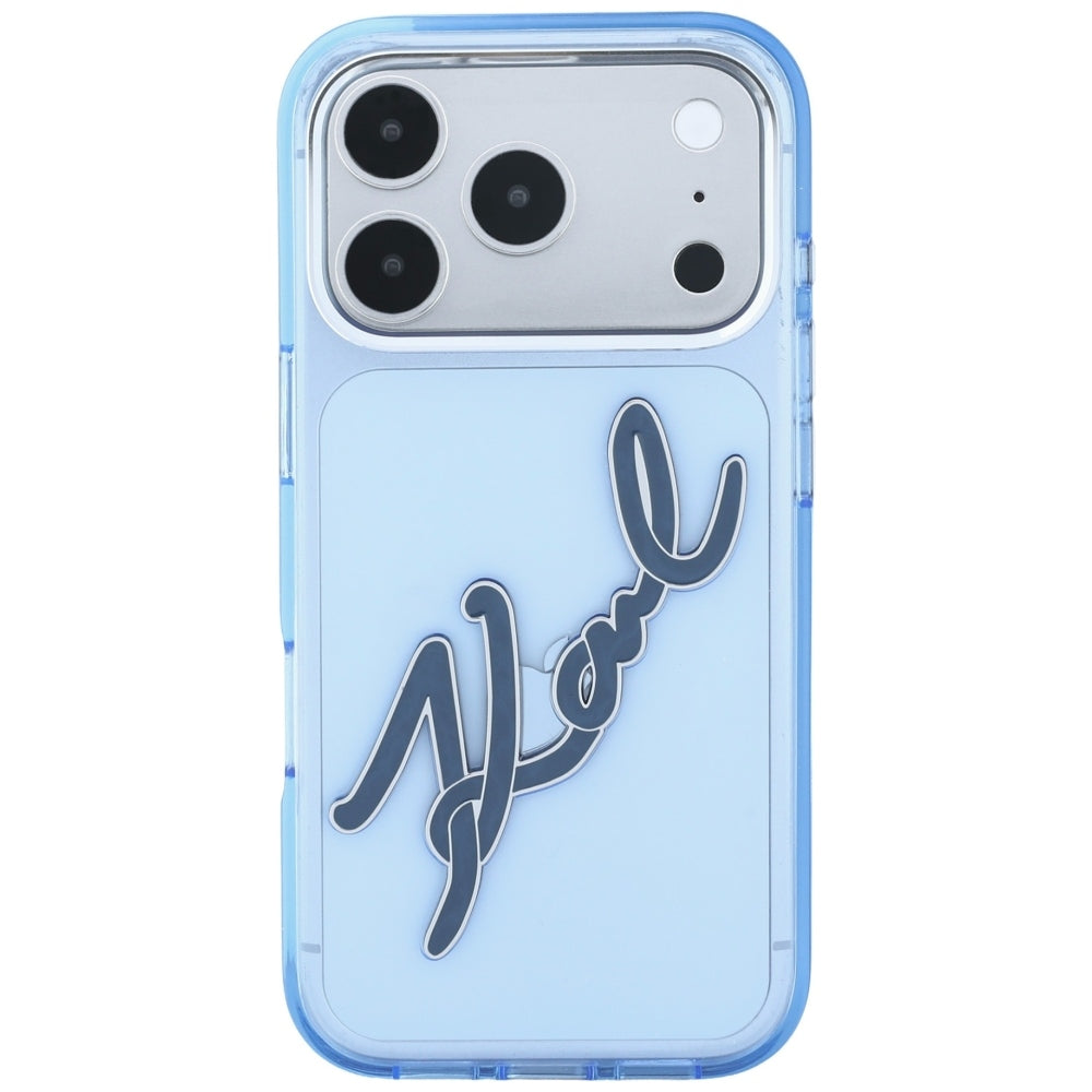 Hülle für Apple iPhone 18 Pro Max / 17 Pro Max, Karl Lagerfeld, IML Big Signature Resin Logo Metallrahmen, Blau