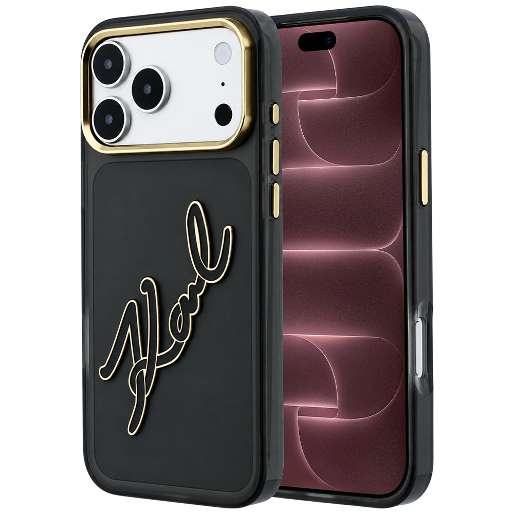 Case for Apple iPhone 18 Pro Max / 17 Pro Max, Karl Lagerfeld, IML Big Signature Resin Logo Metal Frame, Black