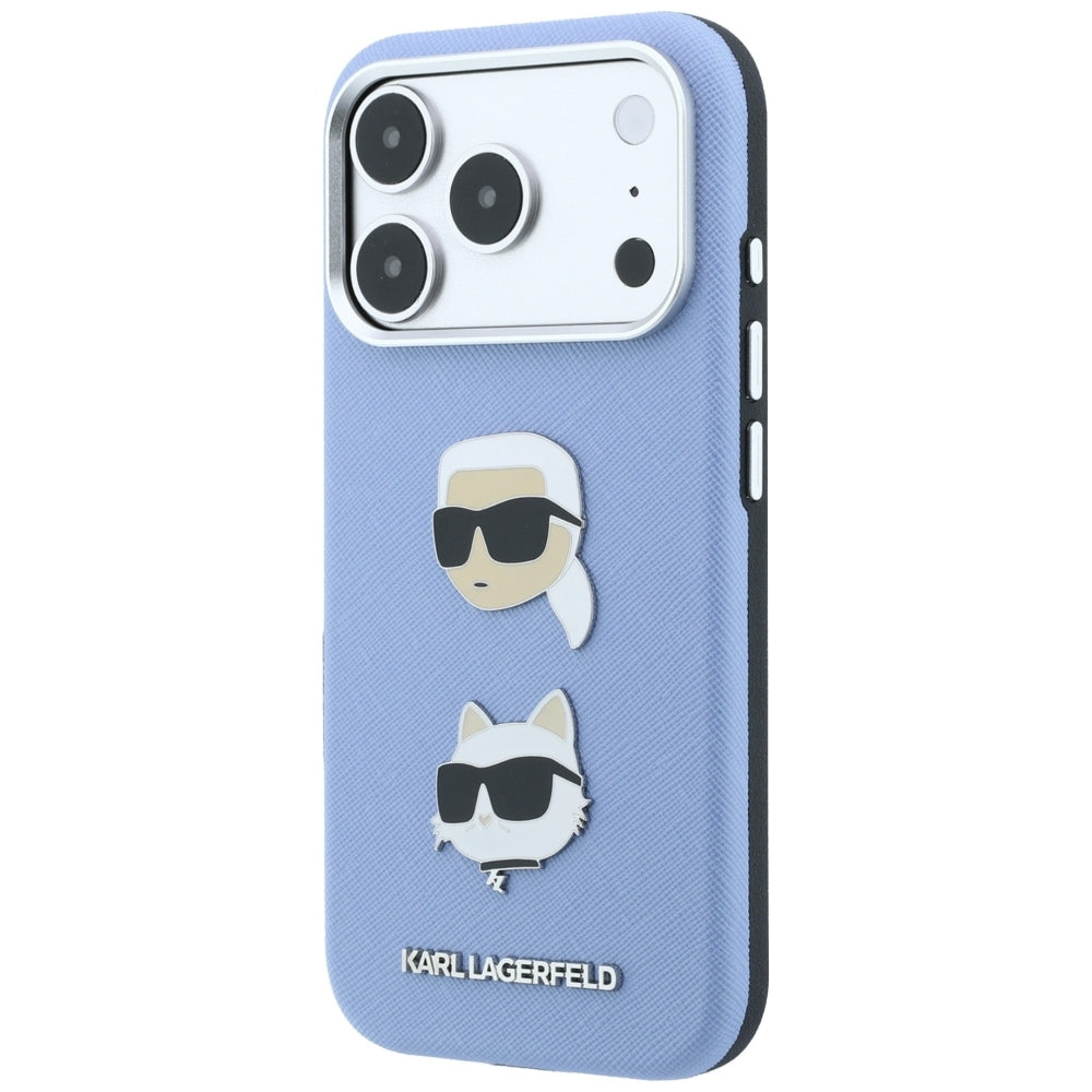 Custodia per Apple iPhone 18 Pro Max / 17 Pro Max, Karl Lagerfeld, Saffiano con spilla testa di Karl & Choupette e logo, Blu