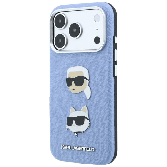 Custodia per Apple iPhone 18 Pro Max / 17 Pro Max, Karl Lagerfeld, Saffiano con spilla testa di Karl & Choupette e logo, Blu
