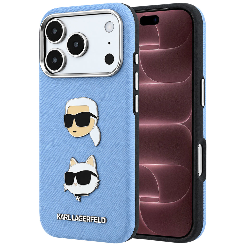 Custodia per Apple iPhone 18 Pro Max / 17 Pro Max, Karl Lagerfeld, Saffiano con spilla testa di Karl & Choupette e logo, Blu