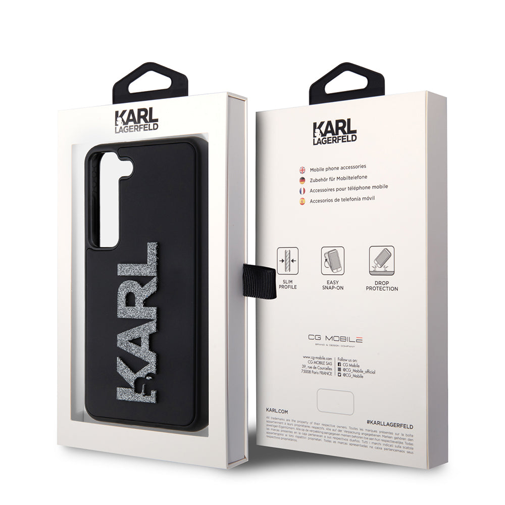 Housse pour Samsung Galaxy S23 S911, Karl Lagerfeld, Logo Pailleté en Caoutchouc 3D, Noire