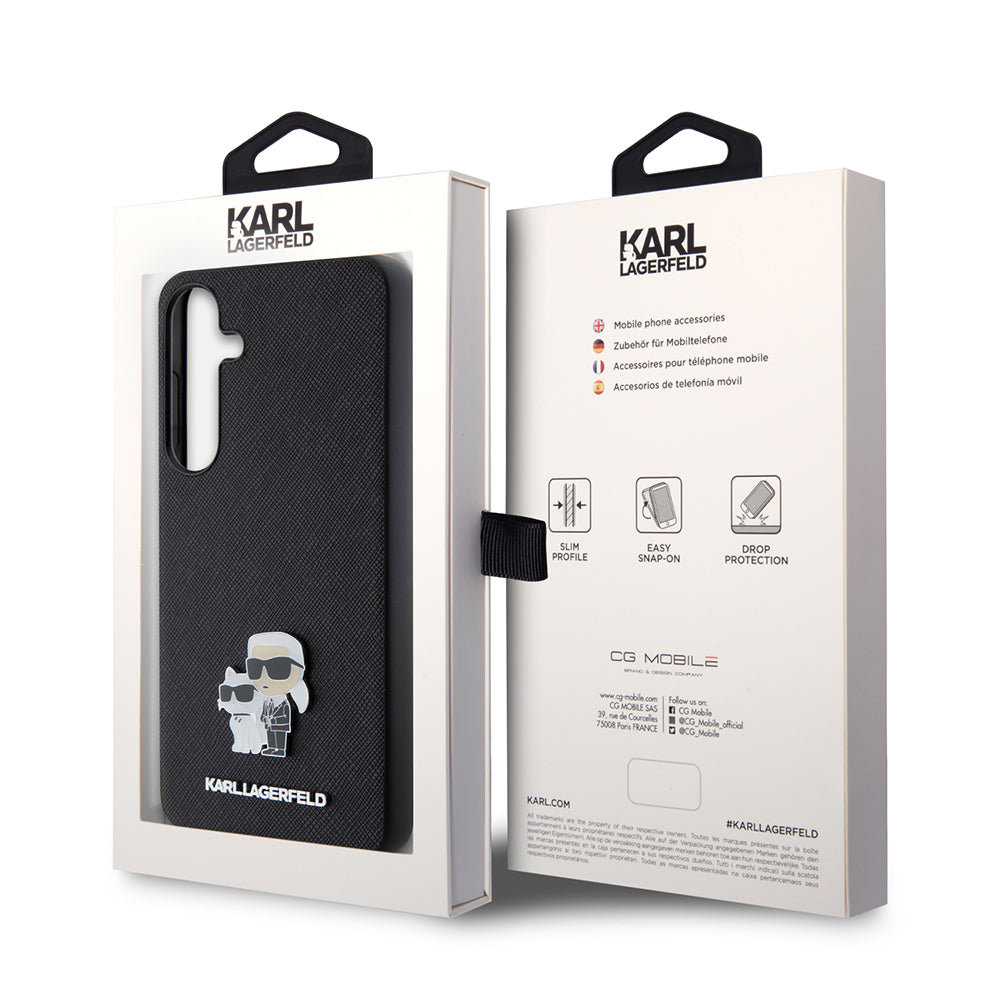 Custodia per Samsung Galaxy S24+ S926, Karl Lagerfeld, Saffiano Karl & Choupette Metal, Nera