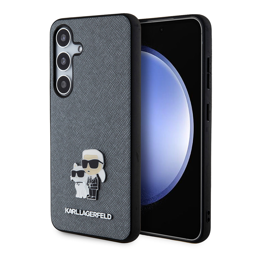 Hülle für Samsung Galaxy S24 S921, Karl Lagerfeld, Saffiano Karl & Choupette Metal, Grau