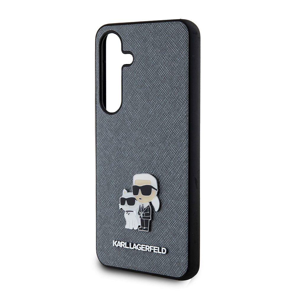 Hülle für Samsung Galaxy S24 S921, Karl Lagerfeld, Saffiano Karl & Choupette Metal, Grau